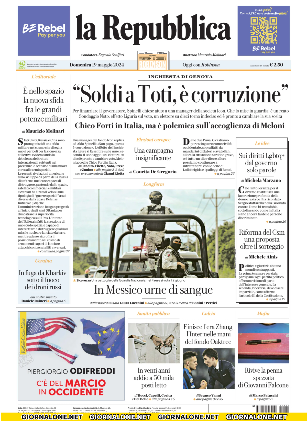 Prima pagina di La Repubblica
