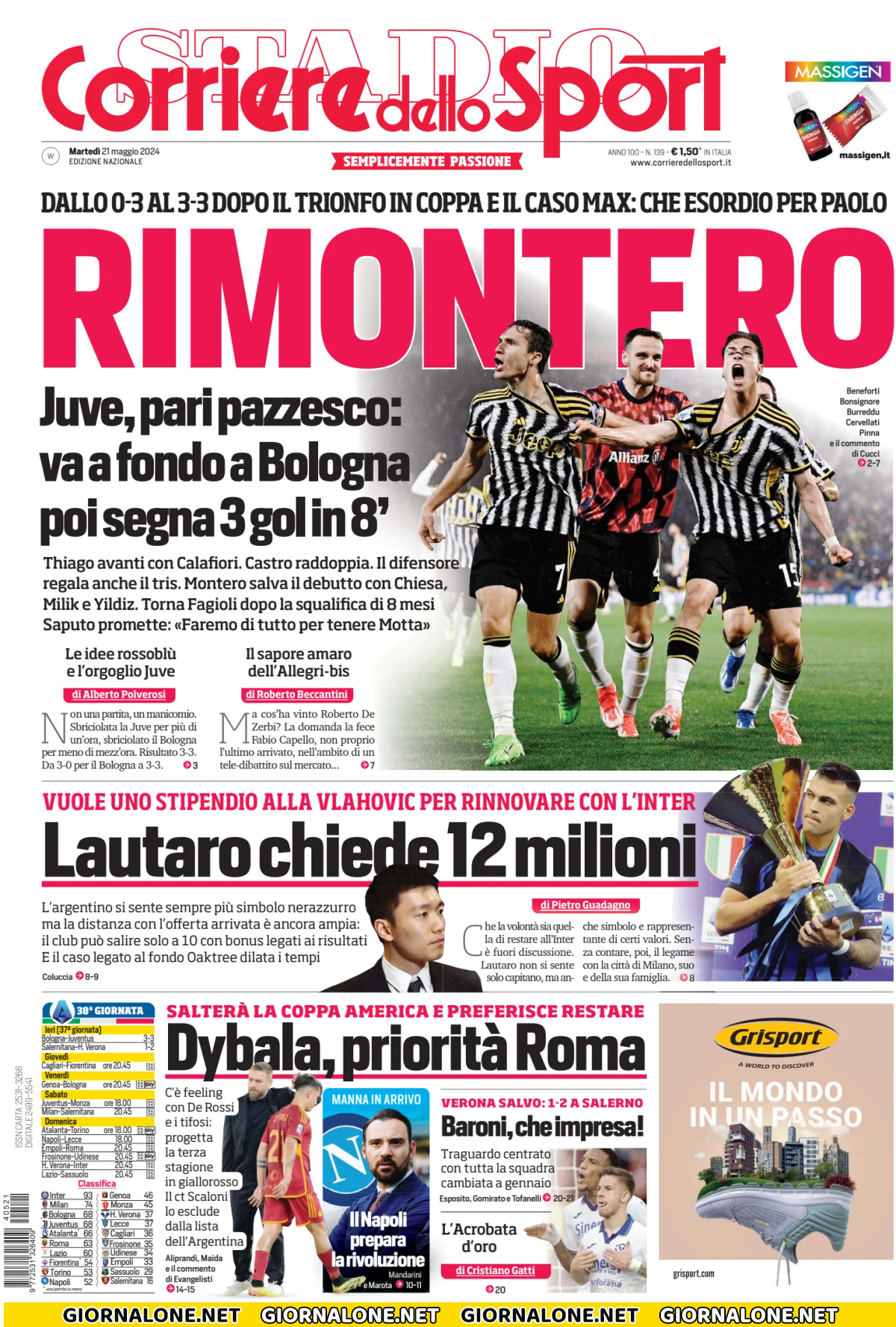 Prima pagina di Corriere dello Sport