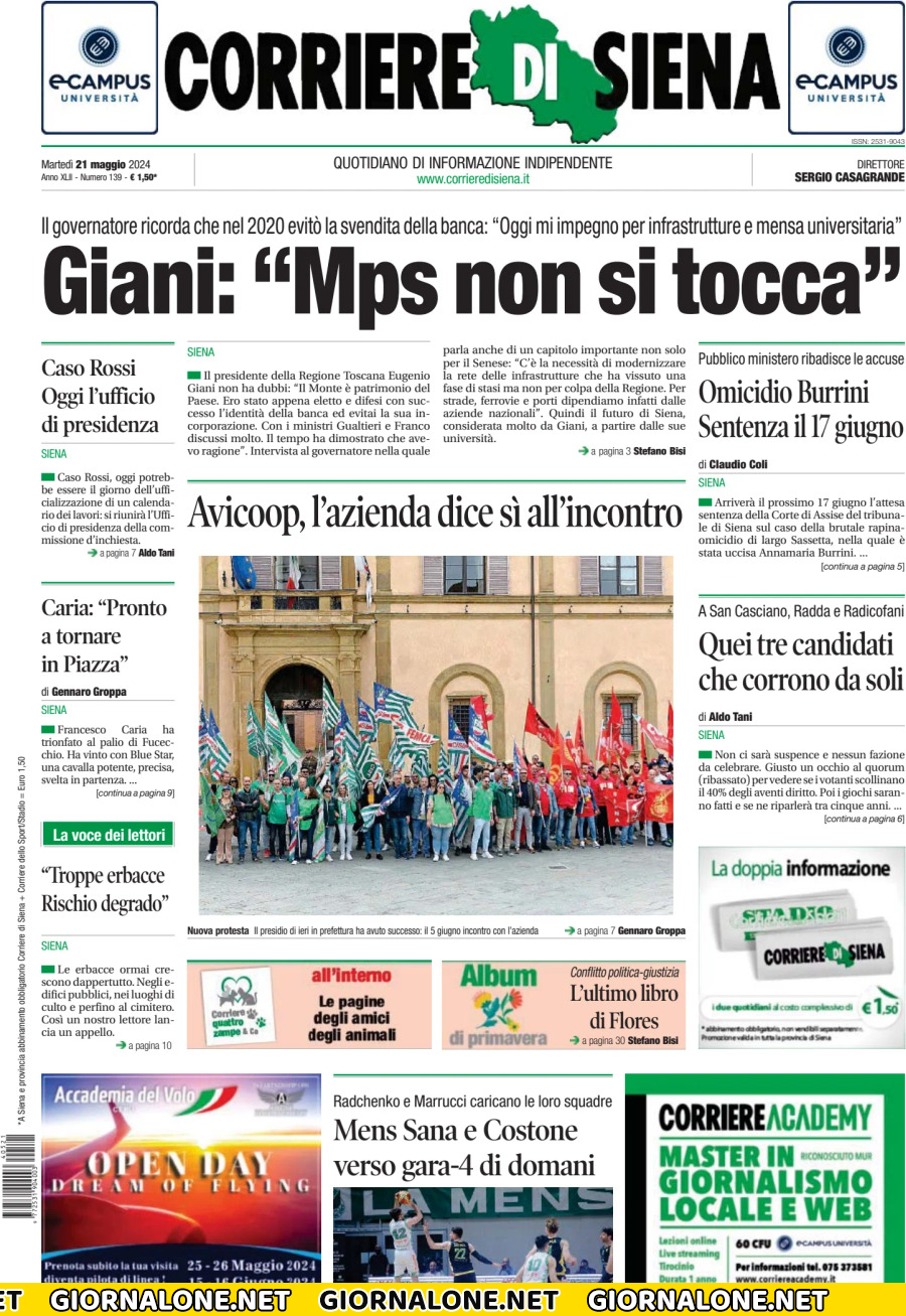 Prima pagina di Corriere di Siena