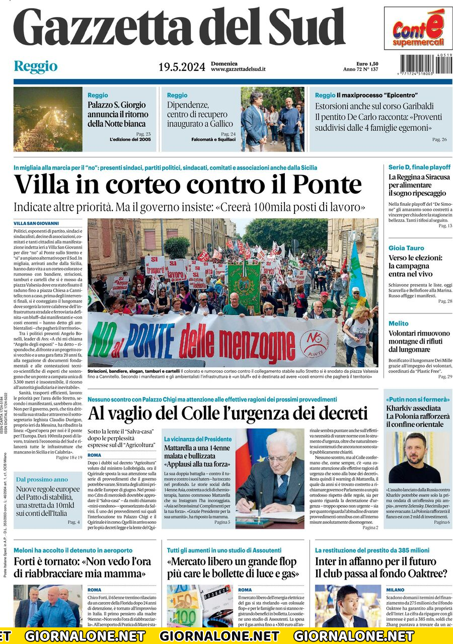 Prima pagina di Gazzetta del Sud Reggio (Calabria)