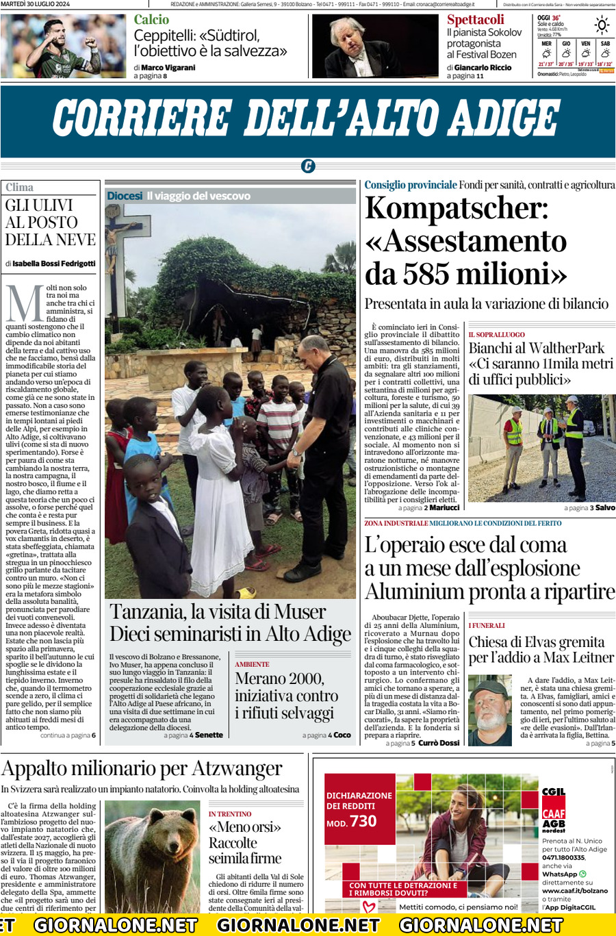 Prima pagina di Corriere dell'Alto Adige