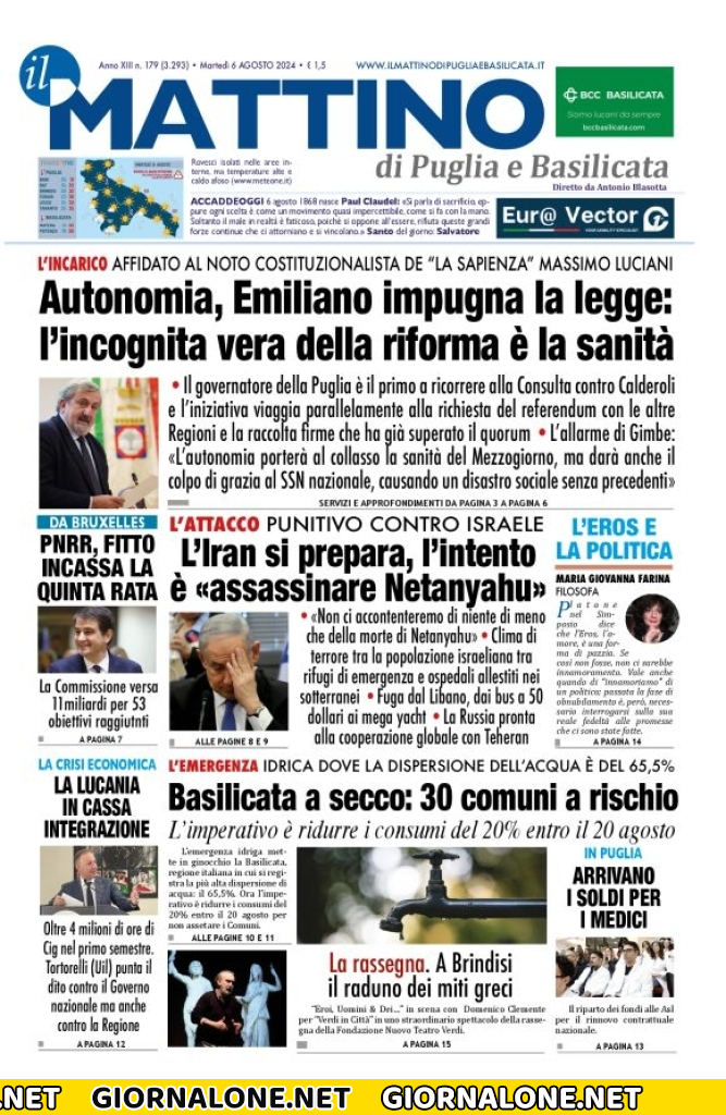 Prima pagina di Il Mattino di Puglia e Basilicata