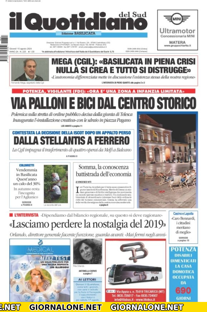 Prima pagina di Il Quotidiano del Sud (Basilicata)