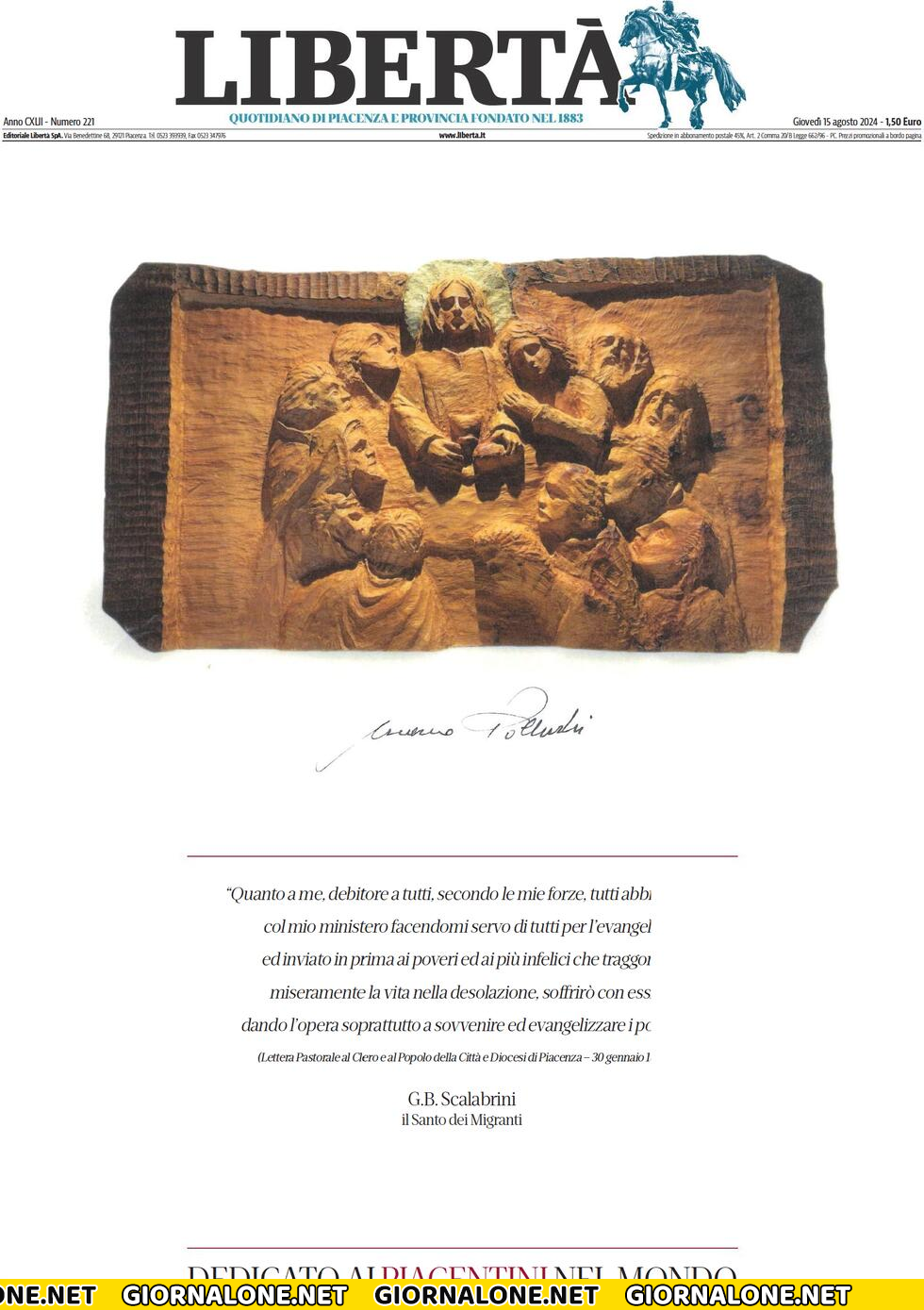 Prima pagina di Libertà (Piacenza)
