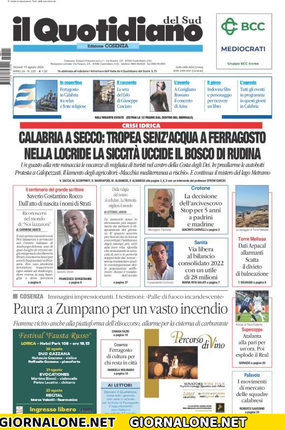 Prima pagina di Il Quotidiano del Sud (Cosenza)