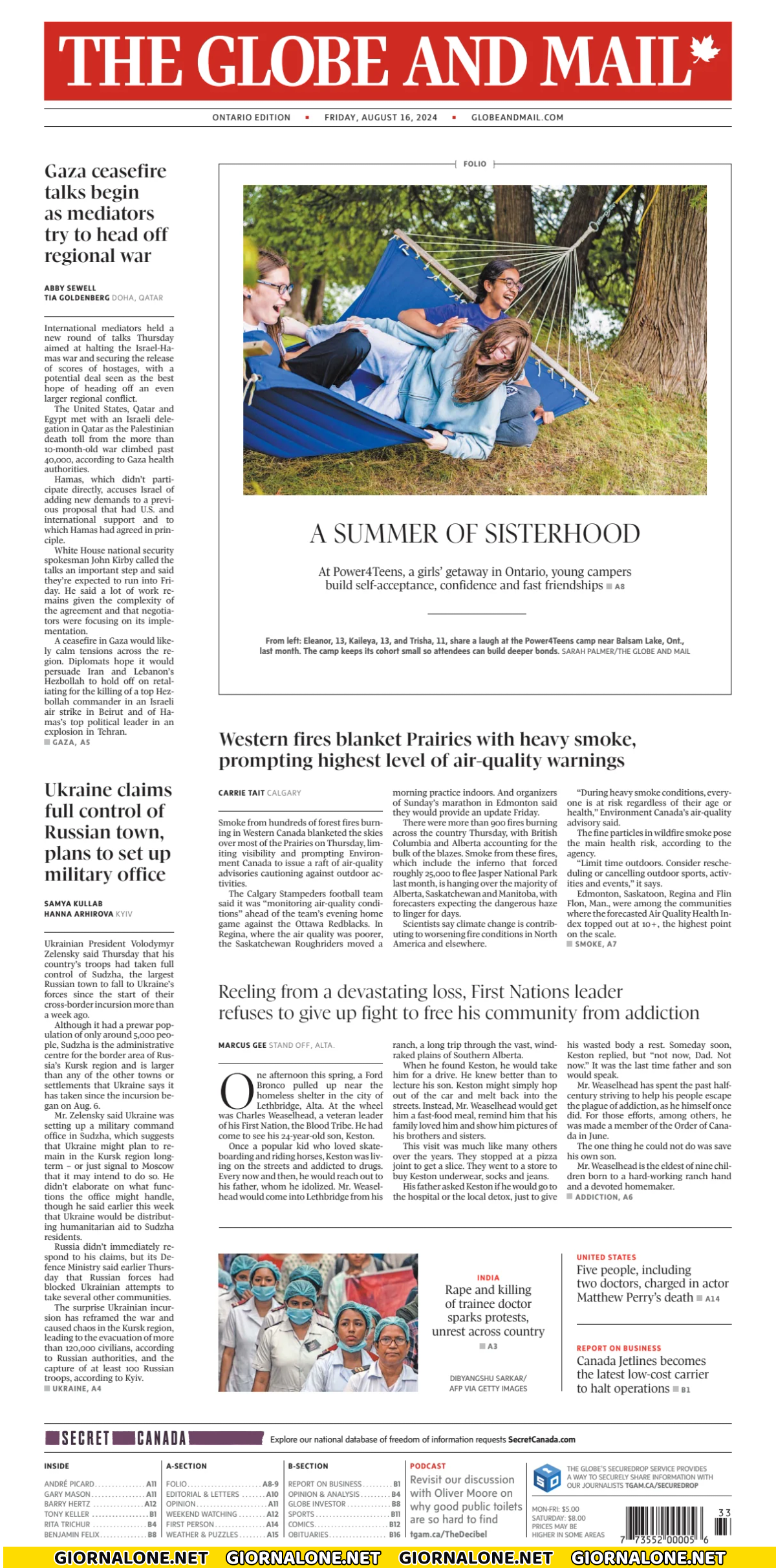 Prima pagina di The Globe and Mail