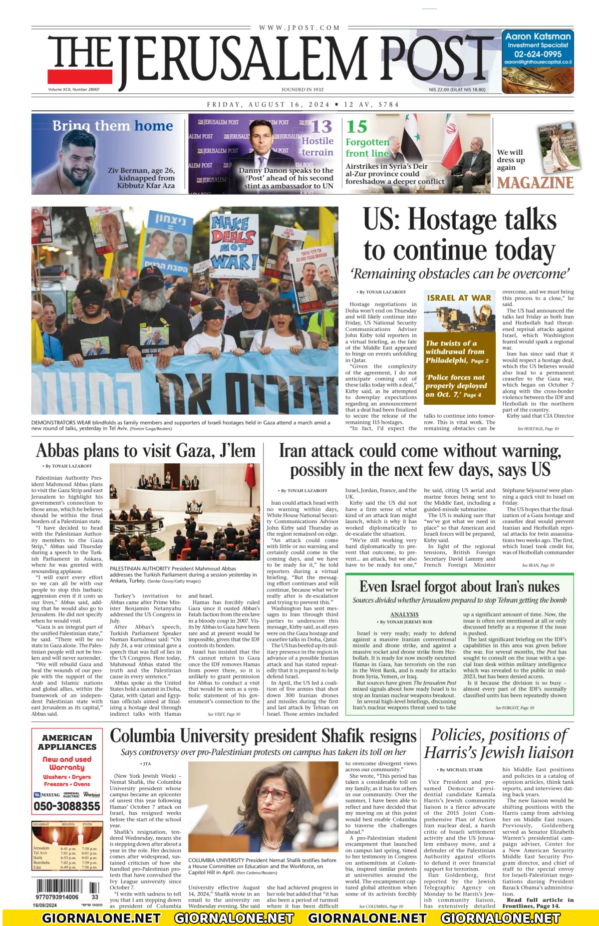 Prima pagina di The Jerusalem Post