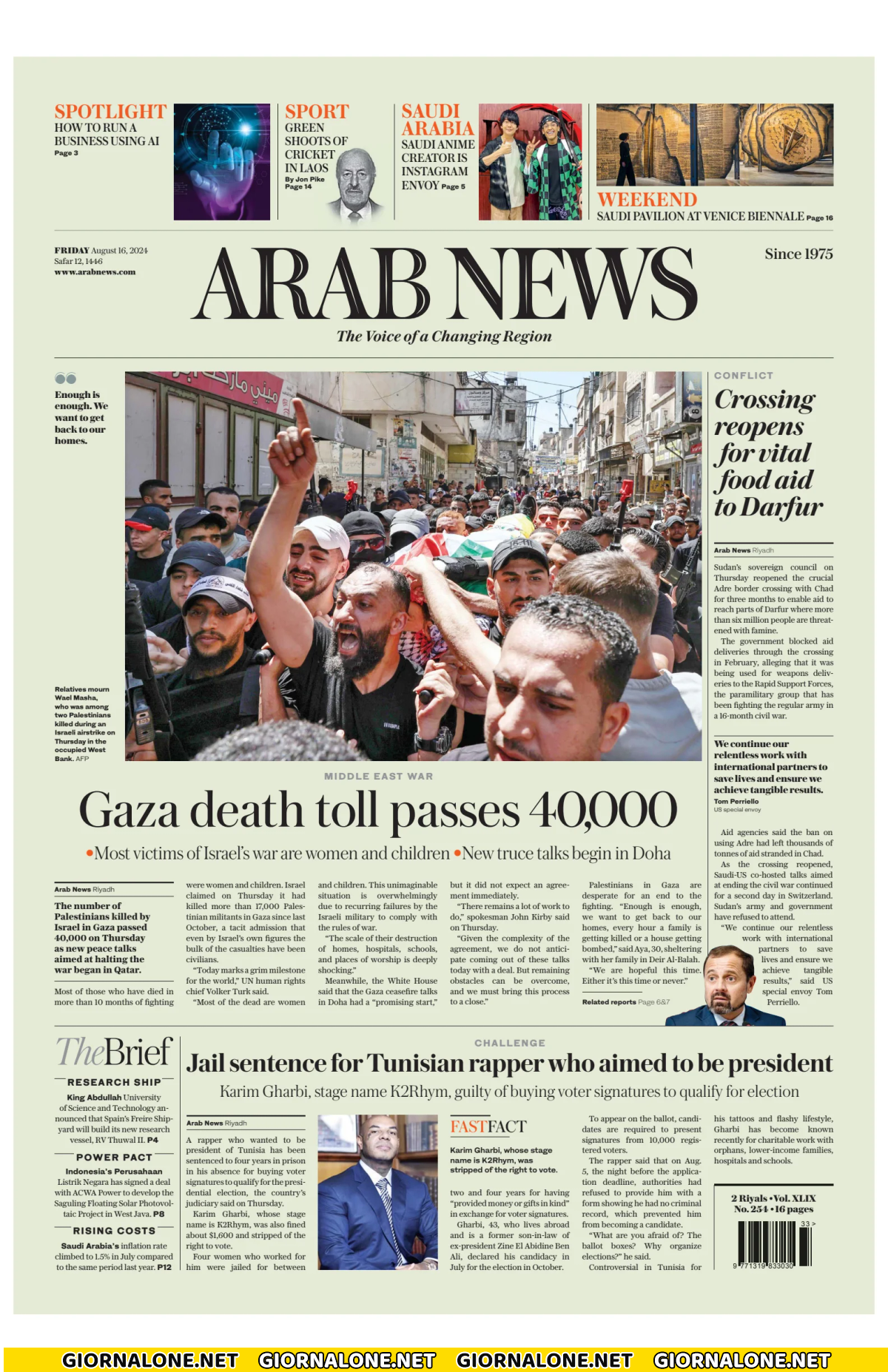 Prima pagina di Arab News