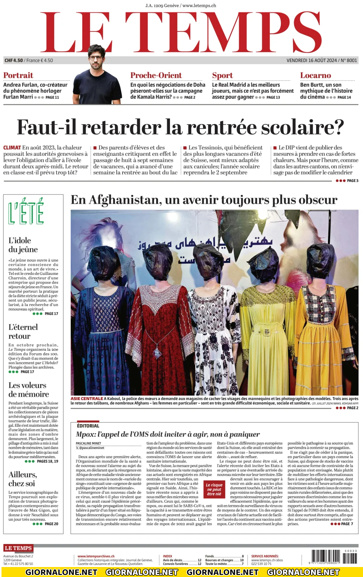 Prima pagina di Le Temps