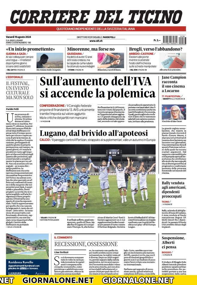 Prima pagina di Corriere del Ticcino