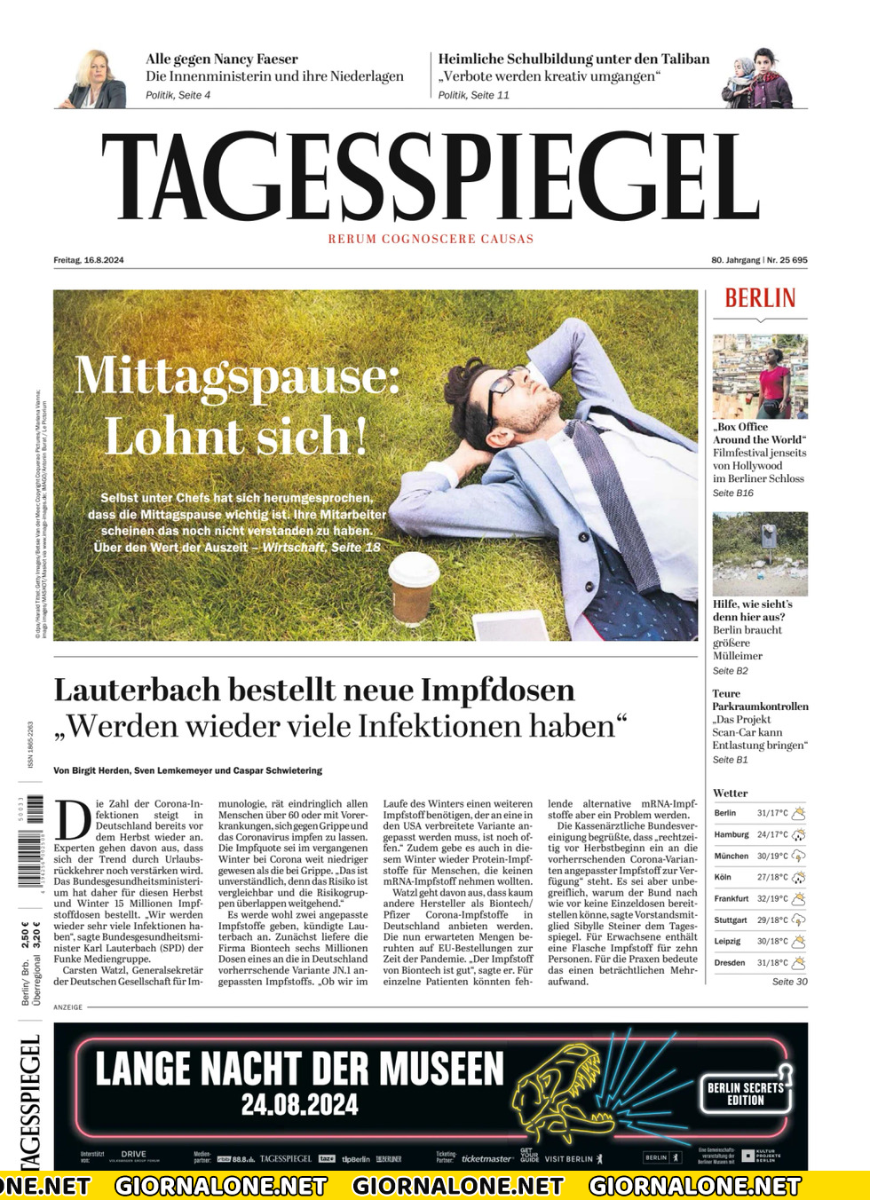 Prima pagina di Der Tagesspiegel