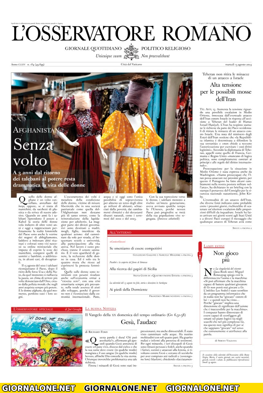 Prima pagina di L'Osservatore Romano