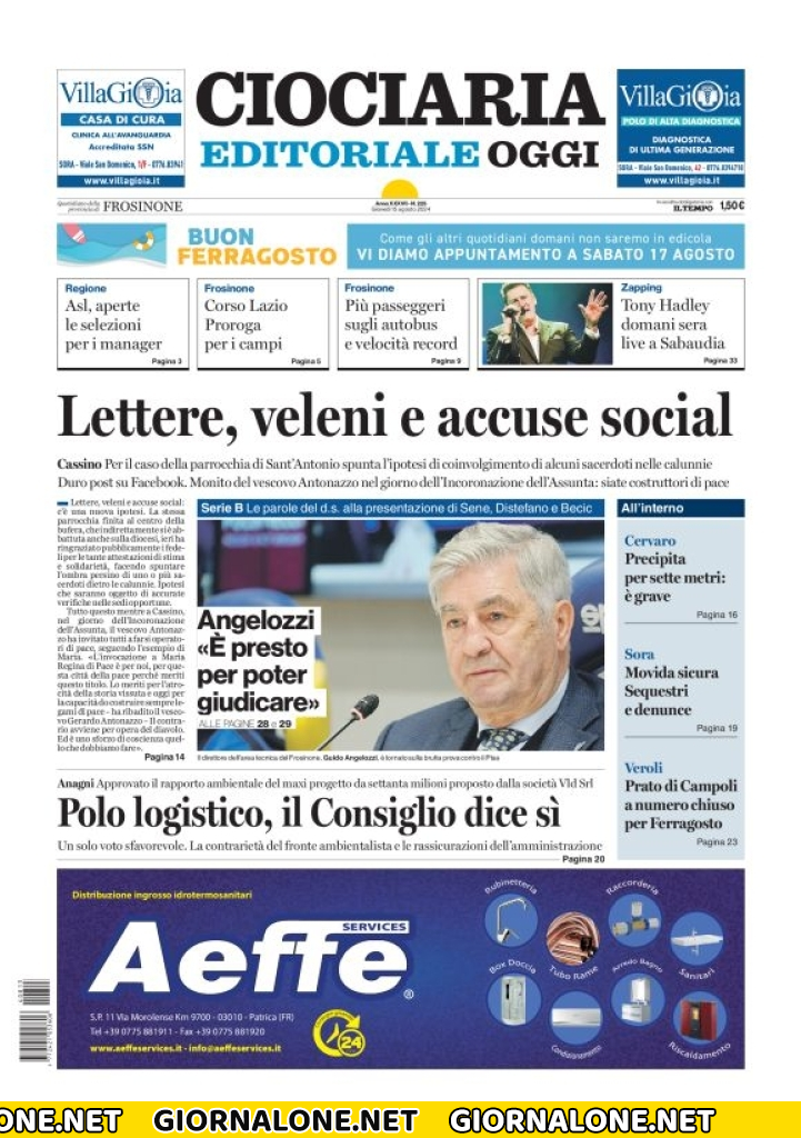 Prima pagina di Ciociaria Editoriale Oggi