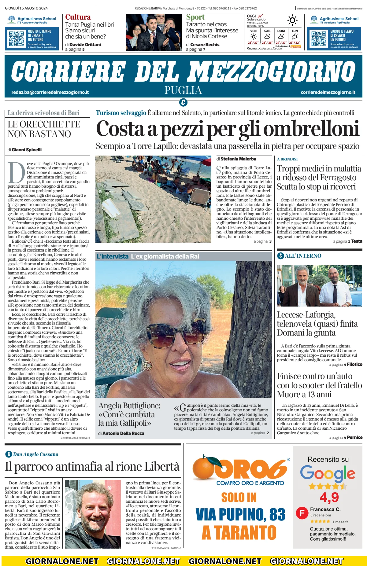 Prima pagina di Corriere del Mezzogiorno (Puglia)