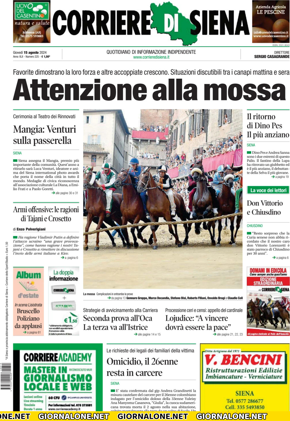 Prima pagina di Corriere di Siena