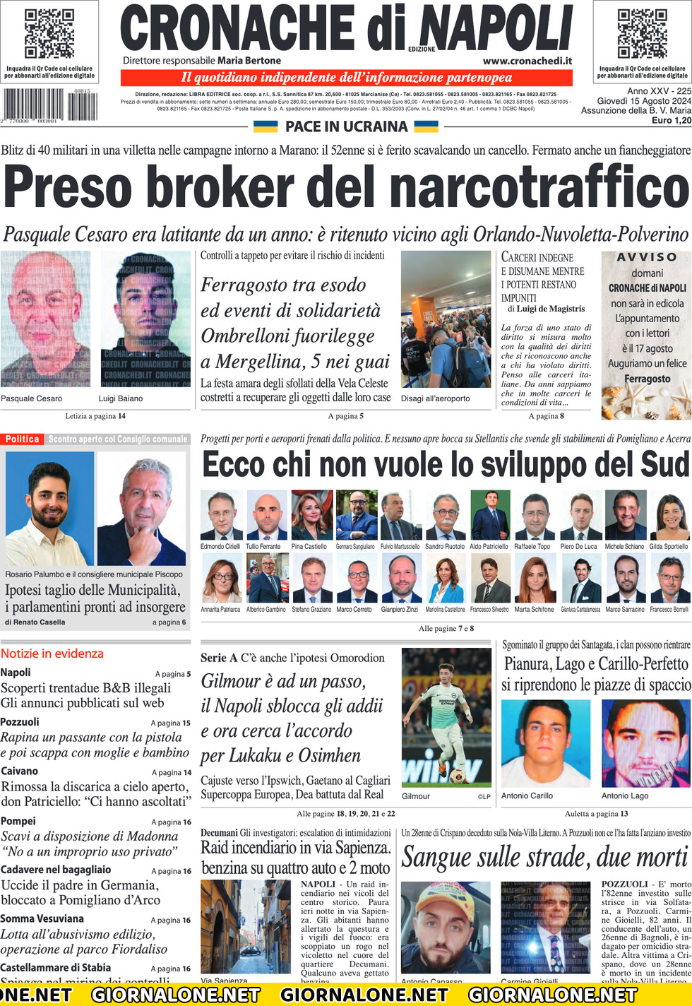 Prima pagina di Cronache di Napoli